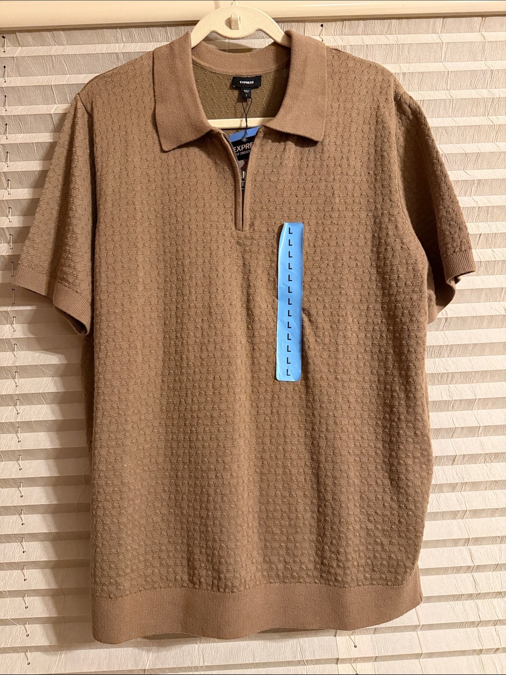NWT Express Men's Short-Sleeve Zip Polo in Tan Size Large